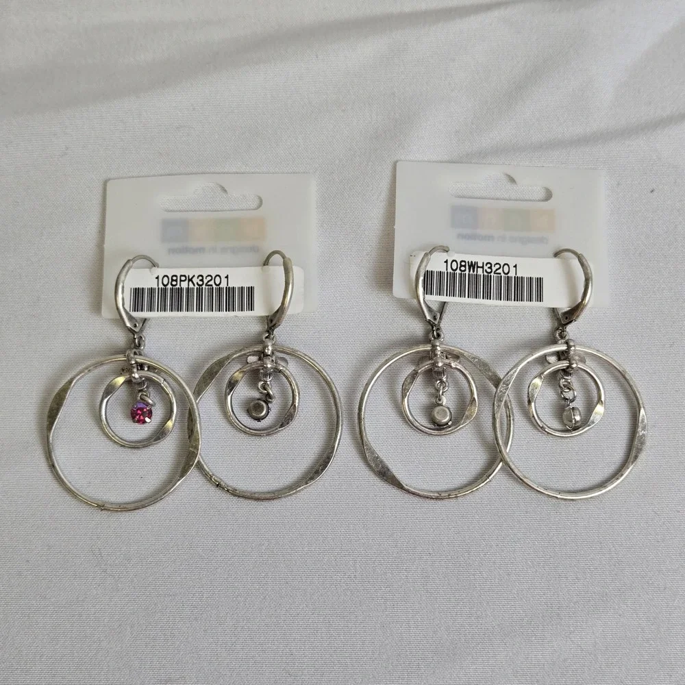 2 Pair Bohm Dangle/Drop Hoop Earrings, Silver‎ Tone, New